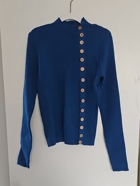 RIHOAS Cobalt Blue Ribbed Button-Up Cardigan BNWT Size S Mock Neck